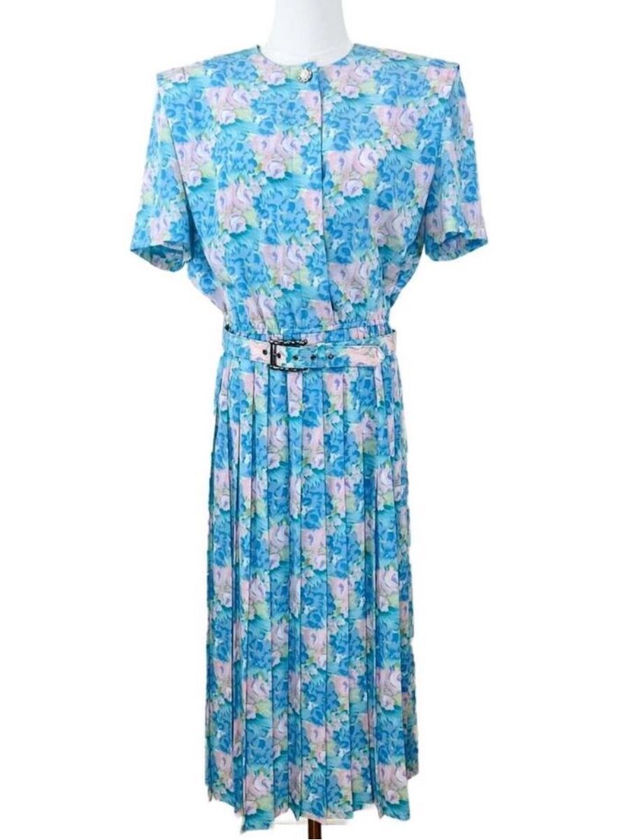 Vintage 1980s Pastel Floral Belted Pleated Midi Dress Size 10